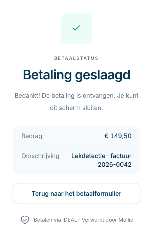 Bevestigingsscherm met Betaling geslaagd, het bedrag van 149,50 euro en de omschrijving van de werkzaamheden.