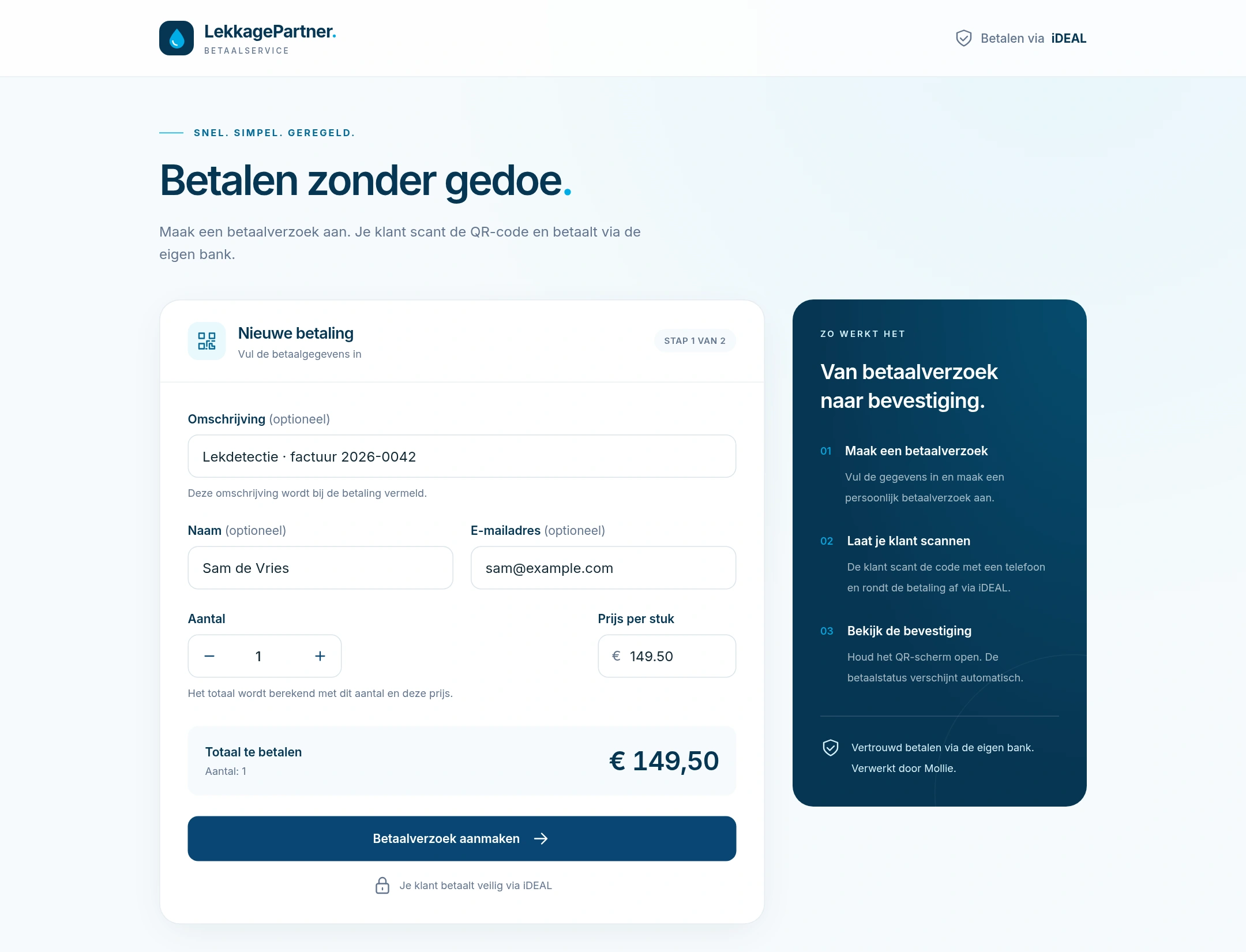 De Lekkagepartner-webapplicatie met een ingevuld betaalformulier op desktop.