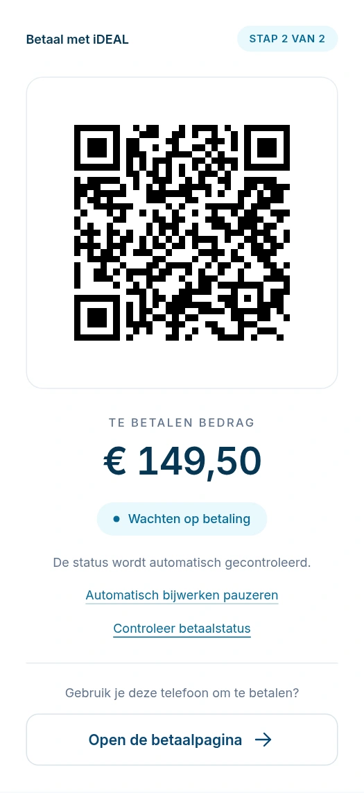 Betaalscherm met een voorbeeld-QR-code, een bedrag van 149,50 euro en de status Wachten op betaling.